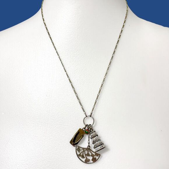 VTG Charm Necklace Asian Theme Mixed Metal Pagoda Geta Sandal Fan Cloisonne Bead - Picture 2 of 9